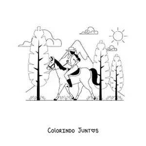 Desenho para colorir de uma garota em um passeio a cavalo pela floresta