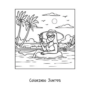 Desenho para colorir de uma garota com chapéu de férias em uma piscina