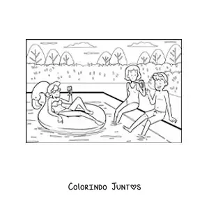 Desenho para colorir de um grupo de amigos jovens em uma festa na piscina