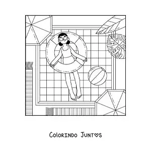 Desenho para colorir de uma garota de férias boiando em uma piscina
