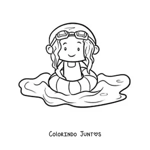 Desenho para colorir de uma menina com boia e óculos de natação em uma piscina