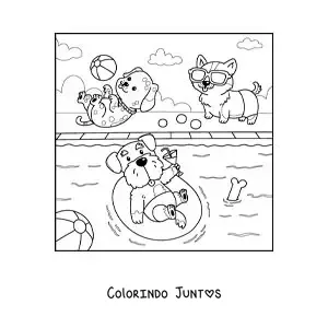 Desenho para colorir de cachorros animados em uma festa na piscina