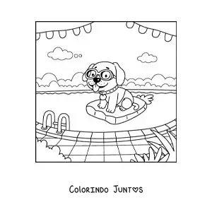 Desenho para colorir de um cachorro animado com boia e óculos em uma piscina