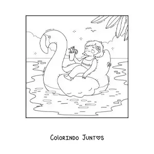 Desenho para colorir de uma menina de férias em uma boia de flamingo na piscina
