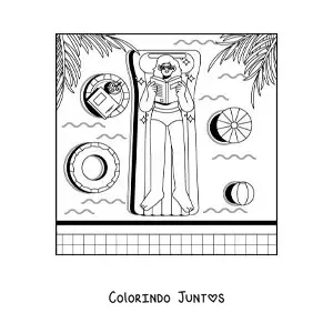 Desenho para colorir de uma garota de férias lendo em uma piscina
