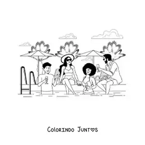 Desenho para colorir de um grupo de amigos adultos em uma festa de verão na piscina