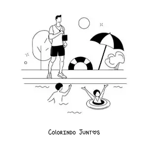 Desenho para colorir de uma piscina pública com seu salva-vidas