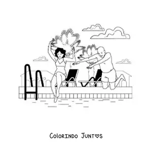 Desenho para colorir de uma garota e um homem pulando na água em uma piscina