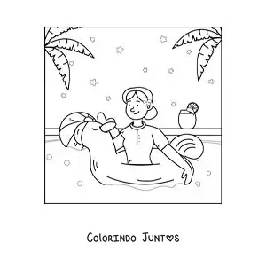 Desenho para colorir de uma garota com uma boia de unicórnio em uma piscina