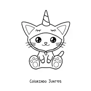 Desenho para colorir de um gato kawaii fantasiado de unicórnio