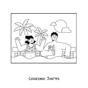 Desenho para colorir de um casal jovem de férias em uma piscina