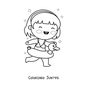 Desenho para colorir de uma menina correndo com uma boia de pato
