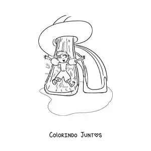 Desenho para colorir de um menino com boias em um escorregador na piscina