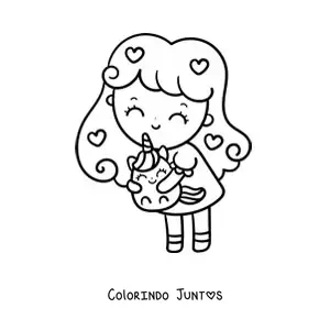 Desenho para colorir de uma menina kawaii segurando um unicórnio de brinquedo