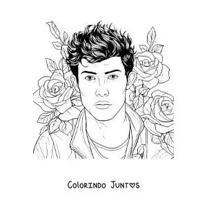 Desenho para colorir de um retrato de Shawn Mendes com flores