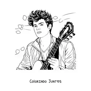 Desenho para colorir de Shawn Mendes tocando violão com pétalas de flores