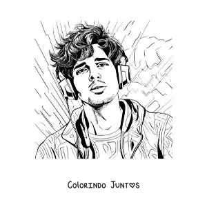 Desenho para colorir de um retrato de Sebastián Yatra com fones de ouvido em estilo realista