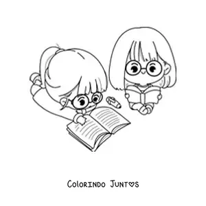 Desenho para colorir de duas meninas kawaii estudando