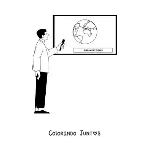 Desenho para colorir de um homem assistindo a uma reportagem de notícias na televisão