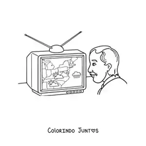 Desenho para colorir de um homem assistindo à previsão do tempo na televisão