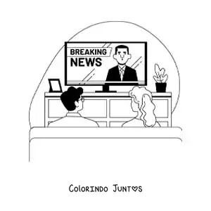 Desenho para colorir de uma menina e um menino assistindo às notícias na televisão
