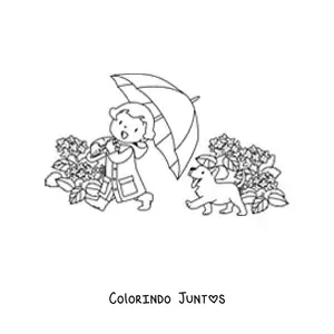 Desenho para colorir de uma menina kawaii passeando com uma sombrinha ao lado de um cachorro