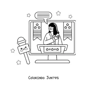 Desenho para colorir de uma reportagem de notícias na televisão e um microfone animado