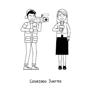 Desenho para colorir de um cinegrafista e uma jornalista em uma reportagem de notícias