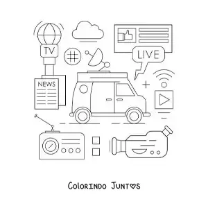 Desenho para colorir de uma televisão, um microfone, uma câmera e outros símbolos de comunicação