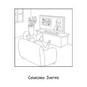 Desenho para colorir de uma família assistindo às notícias sentada em frente à televisão