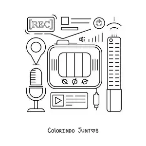 Desenho para colorir de uma televisão, um microfone e símbolos das TIC