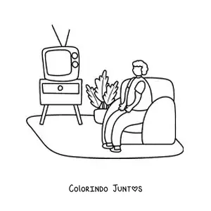 Desenho para colorir de uma pessoa assistindo à televisão no sofá