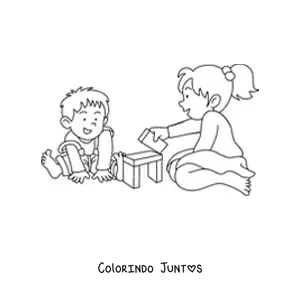 Desenho para colorir de uma menina sentada brincando com seu irmão mais novo