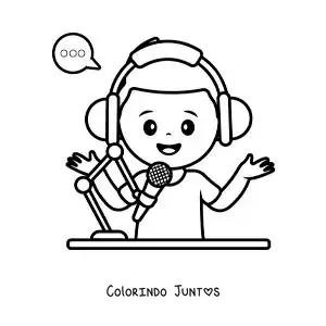Desenho para colorir de um menino falando em um programa da rádio escolar