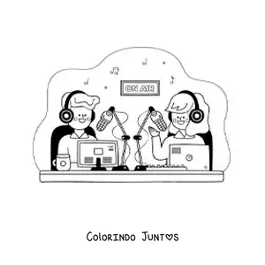 Desenho para colorir de uma menina e um menino gravando um podcast