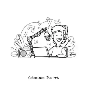 Desenho para colorir de um menino jovem gravando um programa de rádio