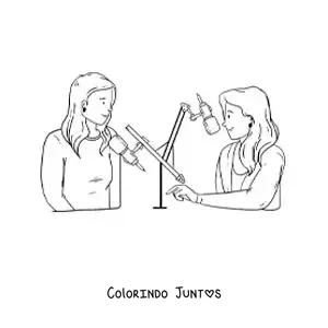 Desenho para colorir de duas mulheres em um programa de rádio