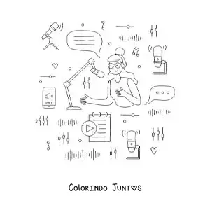Desenho para colorir de uma menina gravando um programa de rádio que é transmitido para o mundo todo