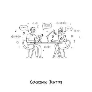 Desenho para colorir de um homem e uma mulher gravando um podcast