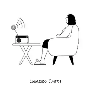 Desenho para colorir de uma mulher sentada ouvindo as notícias do rádio