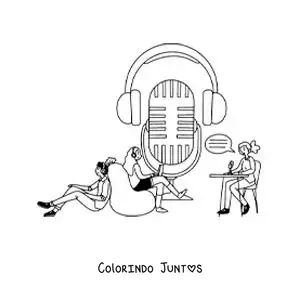 Desenho para colorir de um microfone de rádio com uma menina gravando um programa e dois meninos sentados ouvindo
