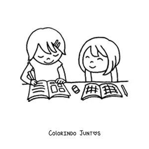 Desenho para colorir de duas meninas fazendo a lição de casa