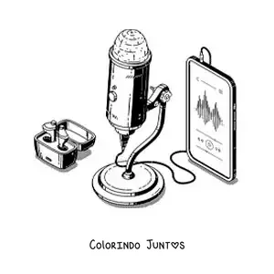 Desenho para colorir de um microfone conectado a um telefone gravando áudio para um podcast