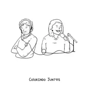 Desenho para colorir de uma locutora de rádio e um radiouvinte