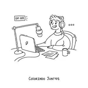 Desenho para colorir de um jovem no ar gravando um podcast