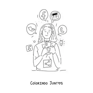 Desenho para colorir de uma menina vendo as redes sociais no celular