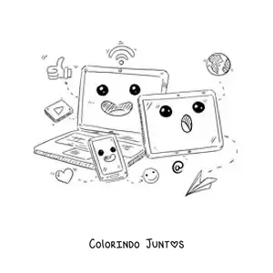 Desenho para colorir de um notebook, um telefone e um tablet kawaii conectados à internet