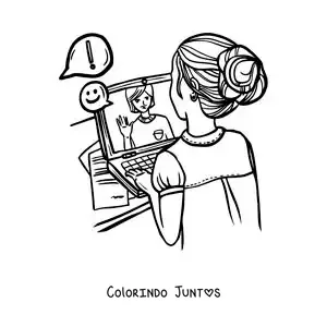 Desenho para colorir de uma menina em uma videochamada pelo notebook