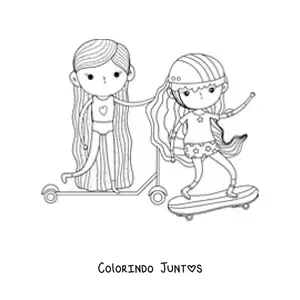 Desenho para colorir de duas meninas de patins se exercitando