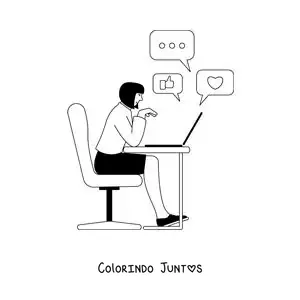 Desenho para colorir de uma mulher conectada às redes sociais no notebook
